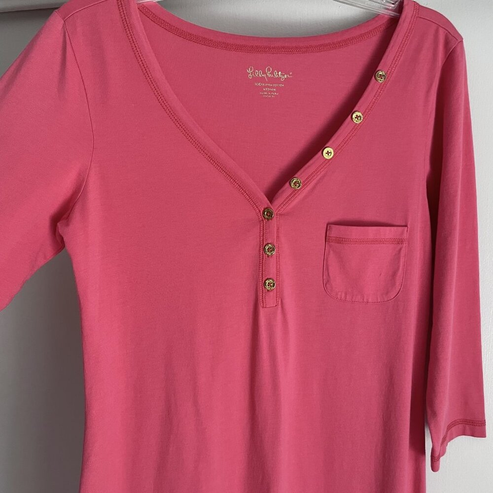 Lilly Pulitzer Palmetto Dress Size M Island Coral Pink Henley V Neck Shirtdress - Picture 2 of 15